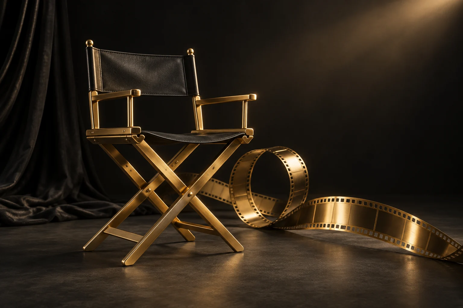 كرسي إخراج وشريط فيلم ذهبي في استوديو سينمائي